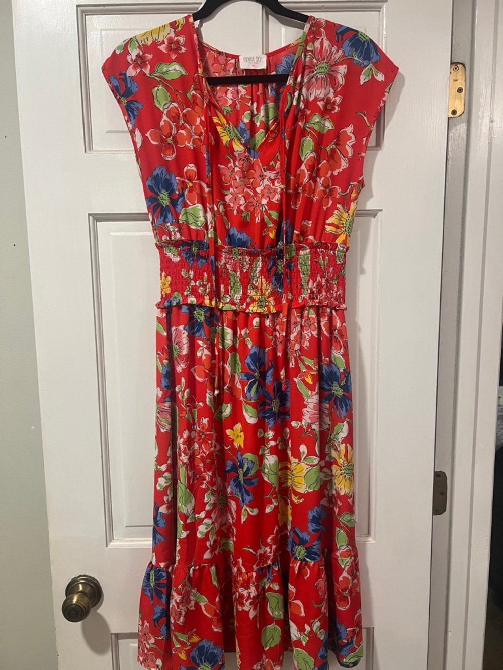 Sienna Sky Red Floral V-Neck Smocked Waist Midi Dress